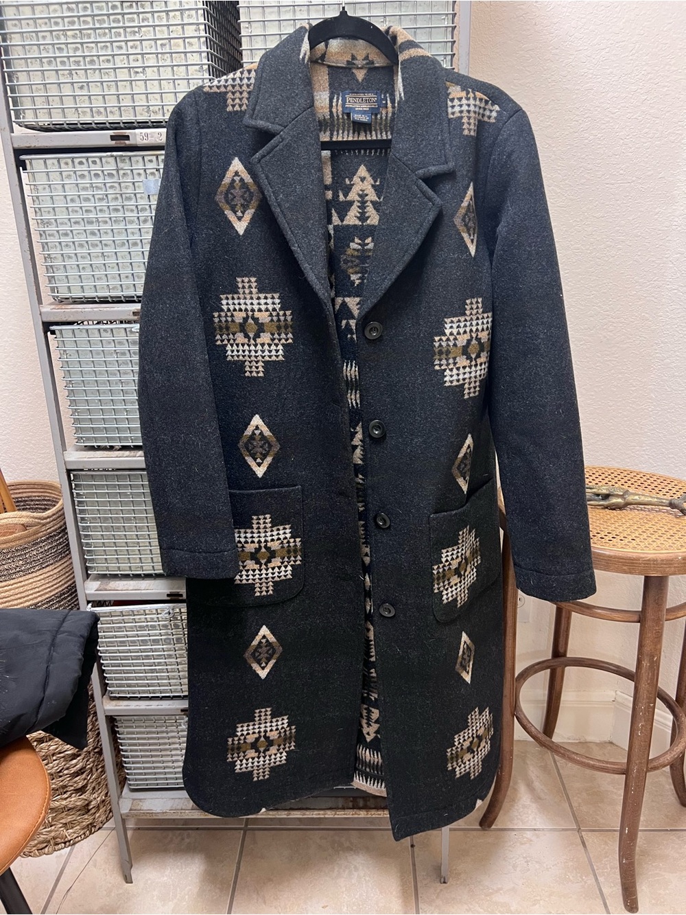 Pendleton Black Wool Pea Coat with Southwestern Pattern
